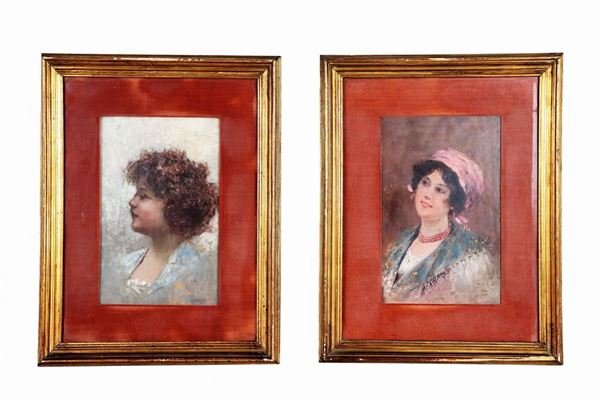 Pittore Europeo Fine XIX Secolo - Signed. "Portraits of a young gypsy and a young girl" pair of small oil paintings