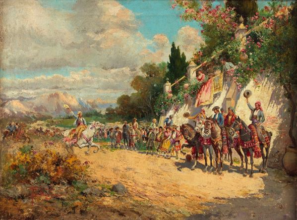 Riccardo Pellegrini - Signed. "Spanish party before the bullfight" oil painting on canvas with a meticulous pictorial stroke