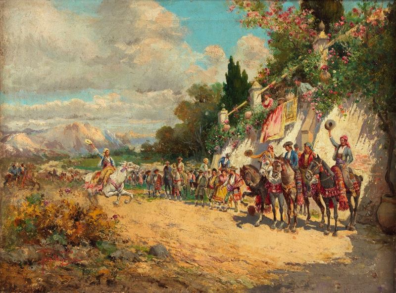 Firmato. "Festa spagnola prima della corrida" dipinto ad olio su tela di minuzioso tratto pittori...