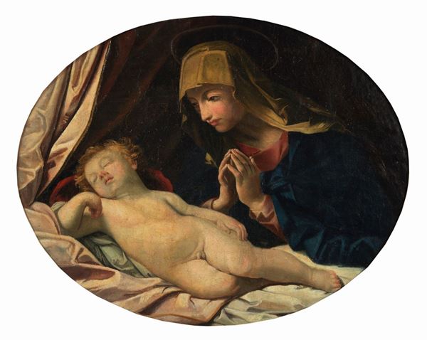 Giuseppe Mazzolini - Attribuito. "Madonna con il Bambino dormiente" dipinto ovale ad olio su tela