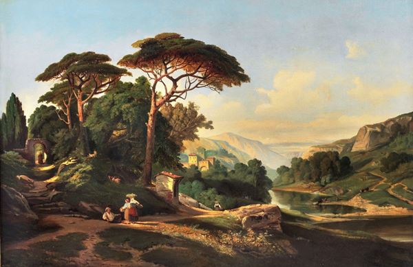 Edouard Francois Bertin - Signed. "Italian landscape with peasants and village in the background" bright oil painting on canvas