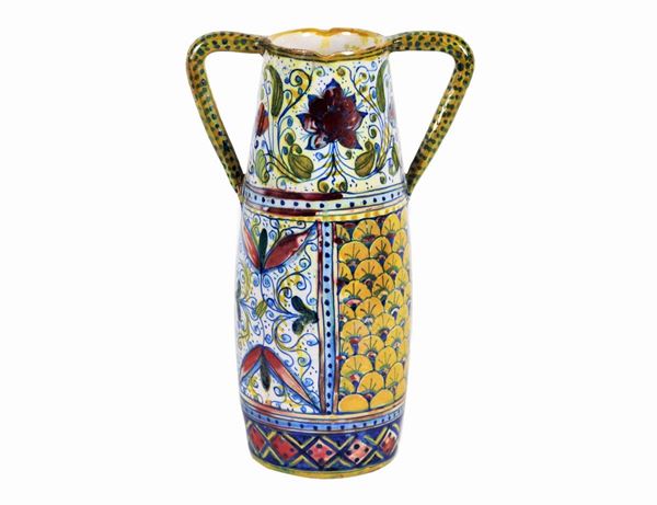 Two-handled jug in glazed majolica by Gualdo Tadino