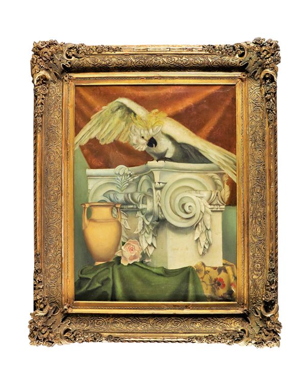 Scuola Italiana XIX Secolo - "Allegoria con pappagallo, capitello, anfora e drappi" luminoso dipinto ad olio su tela