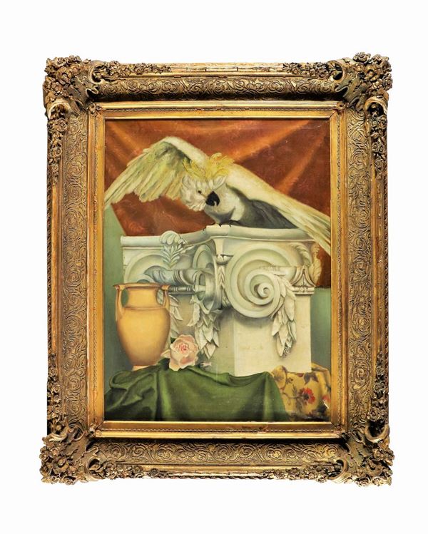 Scuola Italiana XIX Secolo - "Allegory with parrot, capital, amphora and drapes" bright oil painting on canvas