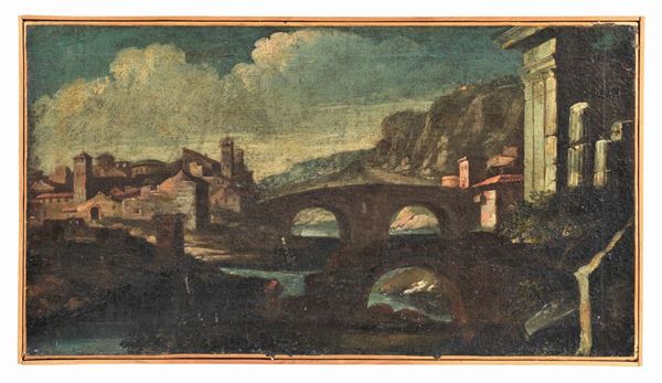 Pittore Veneto Fine XVII Secolo - "View of an ancient village with bridge and ruins" oil painting on canvas