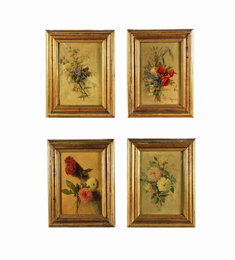 "Mazzetti di fiori e di piante" quattro dipinti ad olio su tela di cui uno firmato