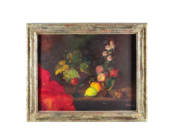 Pittore Italiano Inizio XX Secolo - Signed. "Still life of flowers and fruit" oil painting on canvas