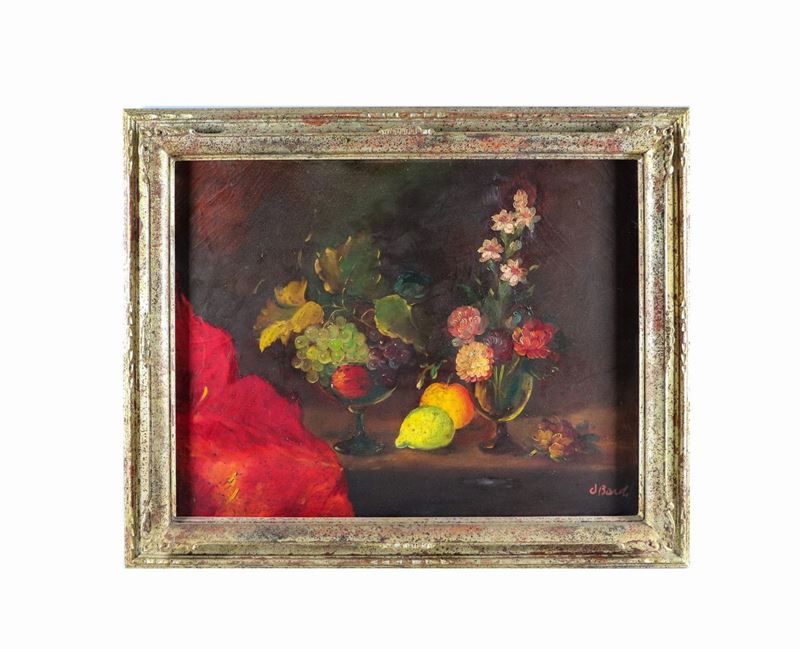 Firmato. "Natura morta di fiori e frutta" dipinto ad olio su tela