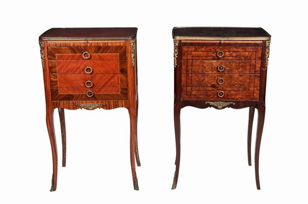 Pair of French Louis XVI bedside tables in different woods