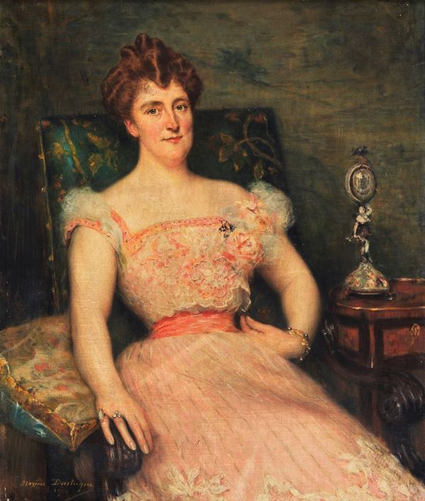 Pittore Francese Fine XIX - Inizio XX Secolo - Signed and dated 1901. "Portrait of a noblewoman in an armchair" oil painting on canvas