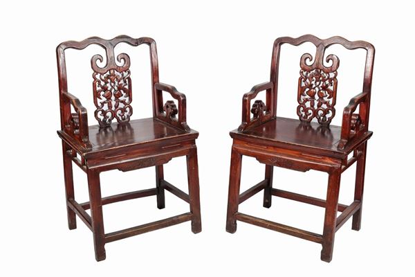 Pair of antique Chinese walnut throne armchairs with shaped and carved backs