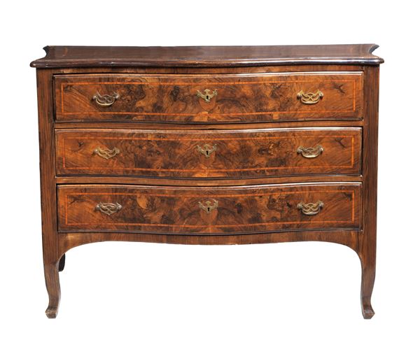 Ligurian Louis XV chest of drawers in rosewood and walnut with inlaid threads in bois de rose
