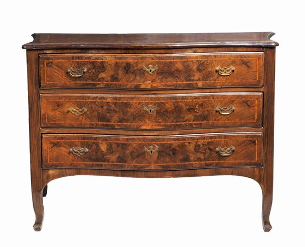 Ligurian Louis XV chest of drawers in rosewood and walnut with inlaid threads in bois de rose