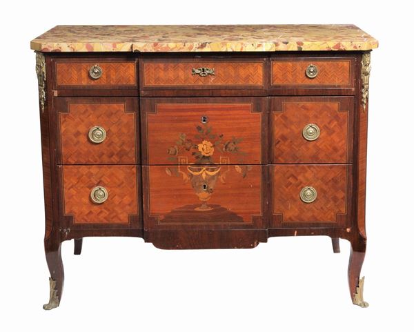 French Napoleon III chest of drawers, Louis XVI line, in mahogany, bois de rose and purple ebony