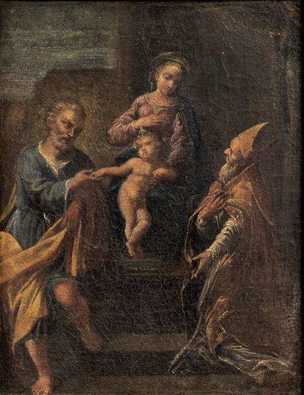 Scuola Italiana Fine XVII Secolo - "Sacra famiglia con San Nicola" piccolo dipinto ad olio su tela