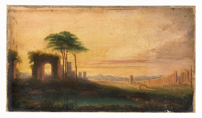 Datato sul retro 1874. "Veduta di ruderi e dell'Acquedotto Claudio" piccolo dipinto ad olio su te...
