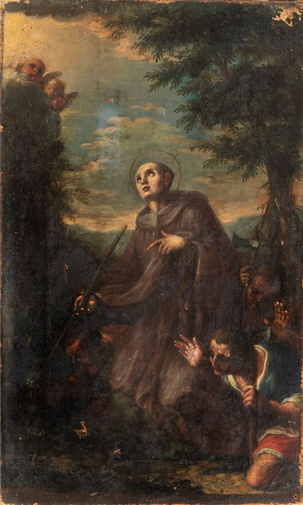 Giovanni Loreti -  Attribuito. "Il miracolo di Sant'Ugo Canefri" piccolo dipinto ad olio su tela