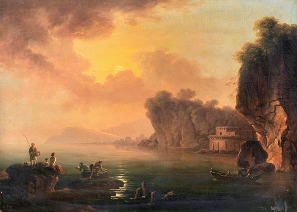 Francesco Fidanza - Attributed. "Imaginative view of the Neapolitan coast with fishermen" oil painting on canvas