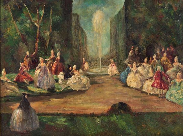 Pittore Europeo Fine XIX Secolo - Signed. "The dance of the nobles in the park" oil painting on canvas