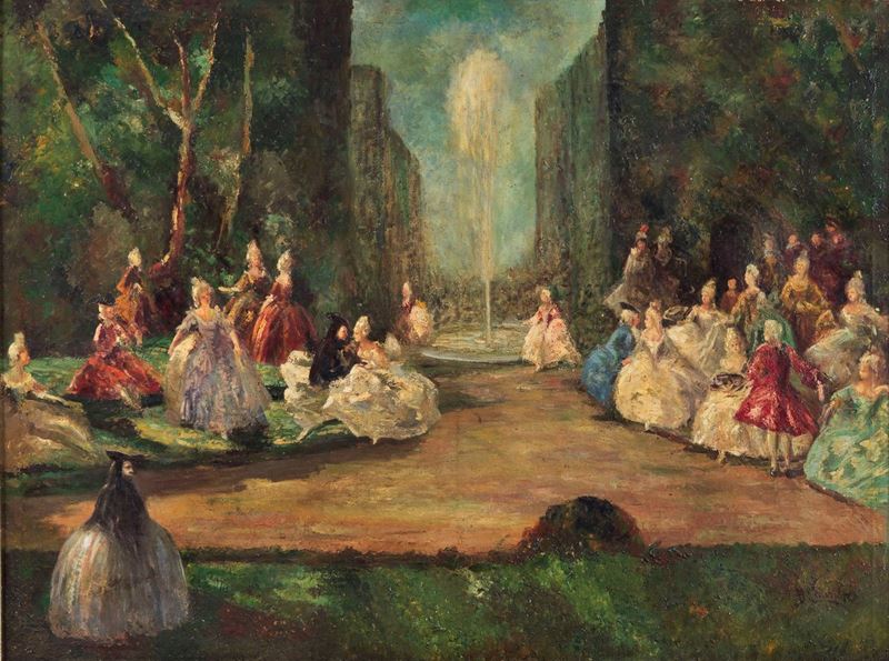 Firmato. "Il ballo dei nobili nel parco" dipinto ad olio su tela