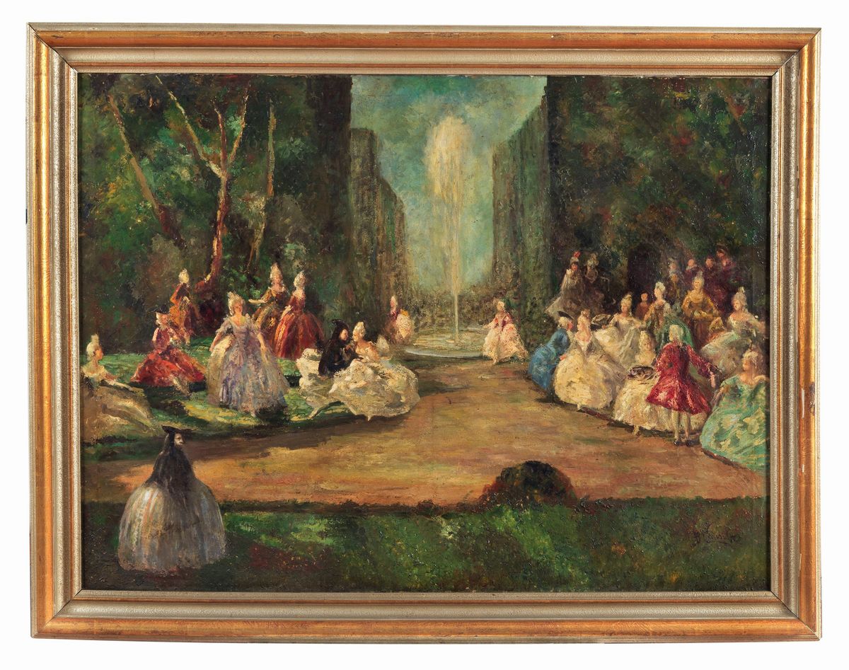 Firmato. "Il ballo dei nobili nel parco" dipinto ad olio su tela