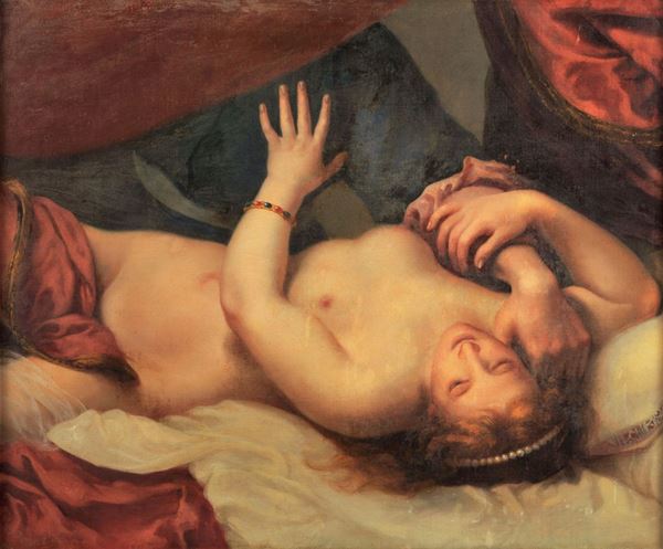 Scuola Italiana Fine XVIII Secolo - "Nude of a woman with drapes" oil painting on canvas