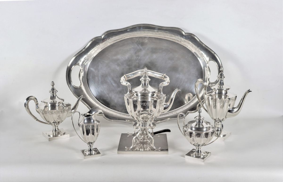 Servizio da tè e caffè in argento sterling 925 - RWM con vassoio ovale (6 pz) gr. 6810