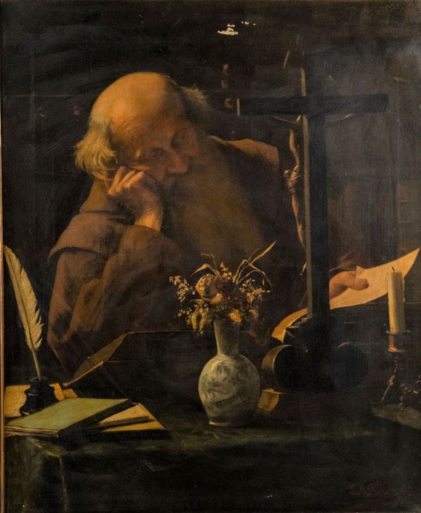 Pittore Europeo XIX Secolo - &quot;Monk in Reading&quot;. Signed.
