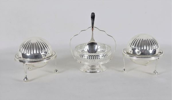 Lot in embossed and silvered metal of two butter dishes and a jam holder with crystal bowl.