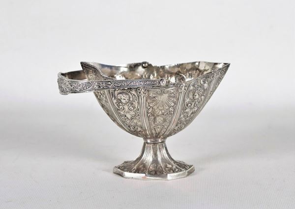 Antique small basket with embossed and chiseled silver metal handle