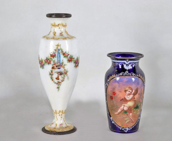 Lot of two small enamel and silver vases