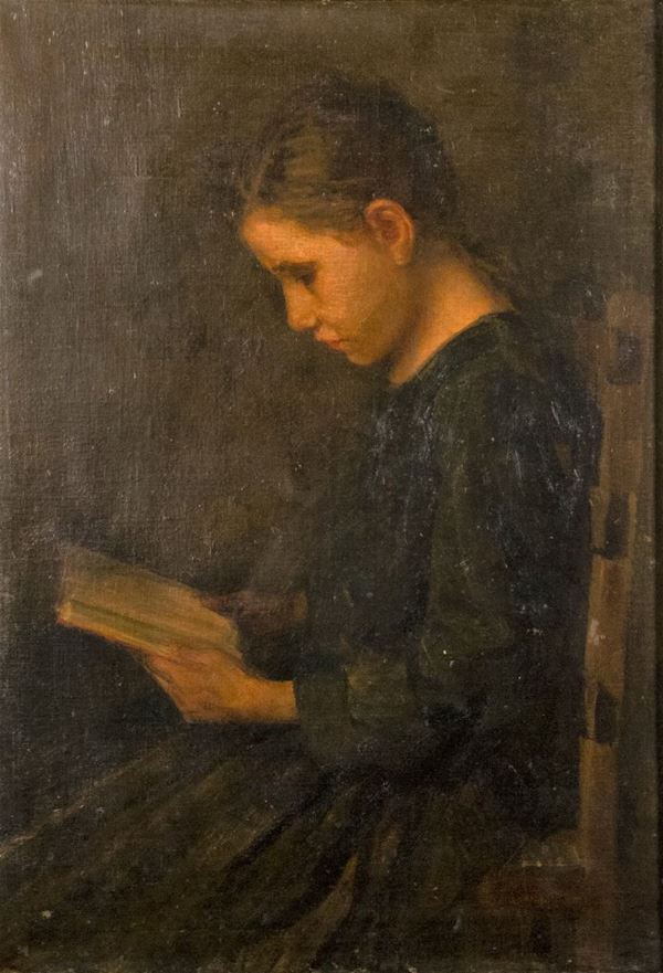 Pittore Italiano XIX Secolo - &quot;Giovane ragazza in lettura&quot;  