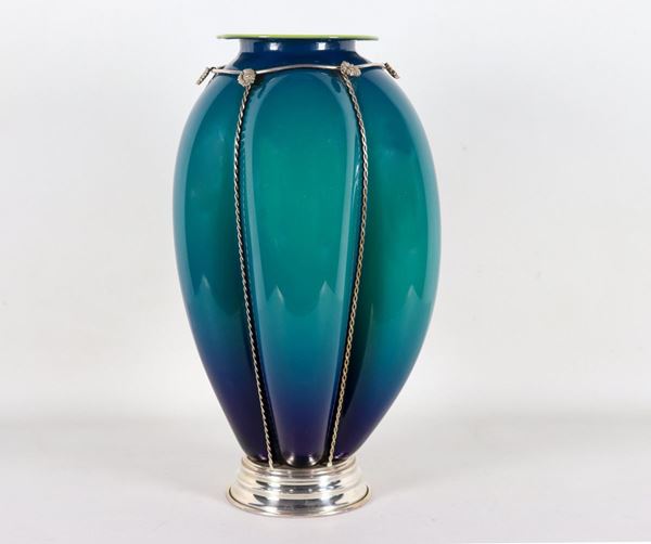 Dark green and yellow Murano blown glass vase with silver applications and base