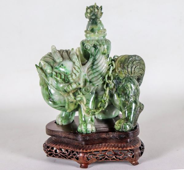 Chinese green jade sculpture "Cane Foo incense holder"