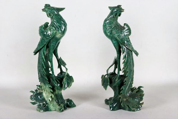 Pair of Chinese green jade sculptures "Exotic birds"