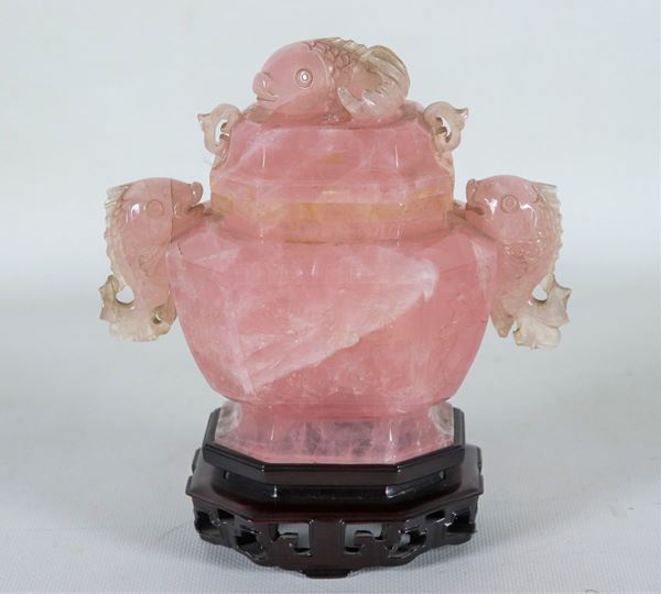 Chinese rose quartz sculpture "Perfume burner with fish"