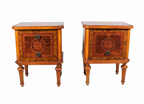 Pair of Lombard bedside tables of the Louis XVI line in walnut, bois de rose and purple ebony