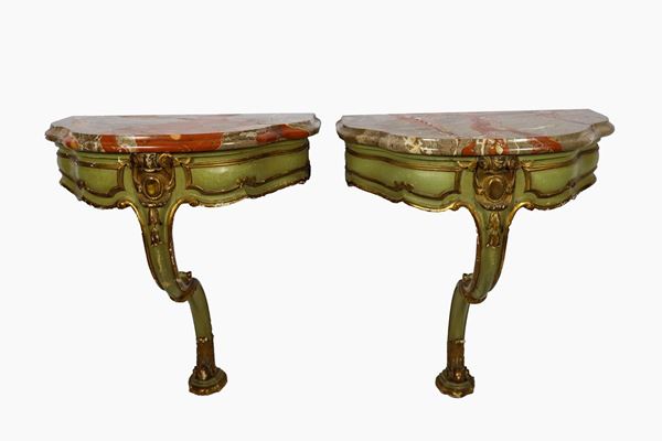 Pair of Venetian shelves in green and gilded lacquered wood with brecciated marble tops