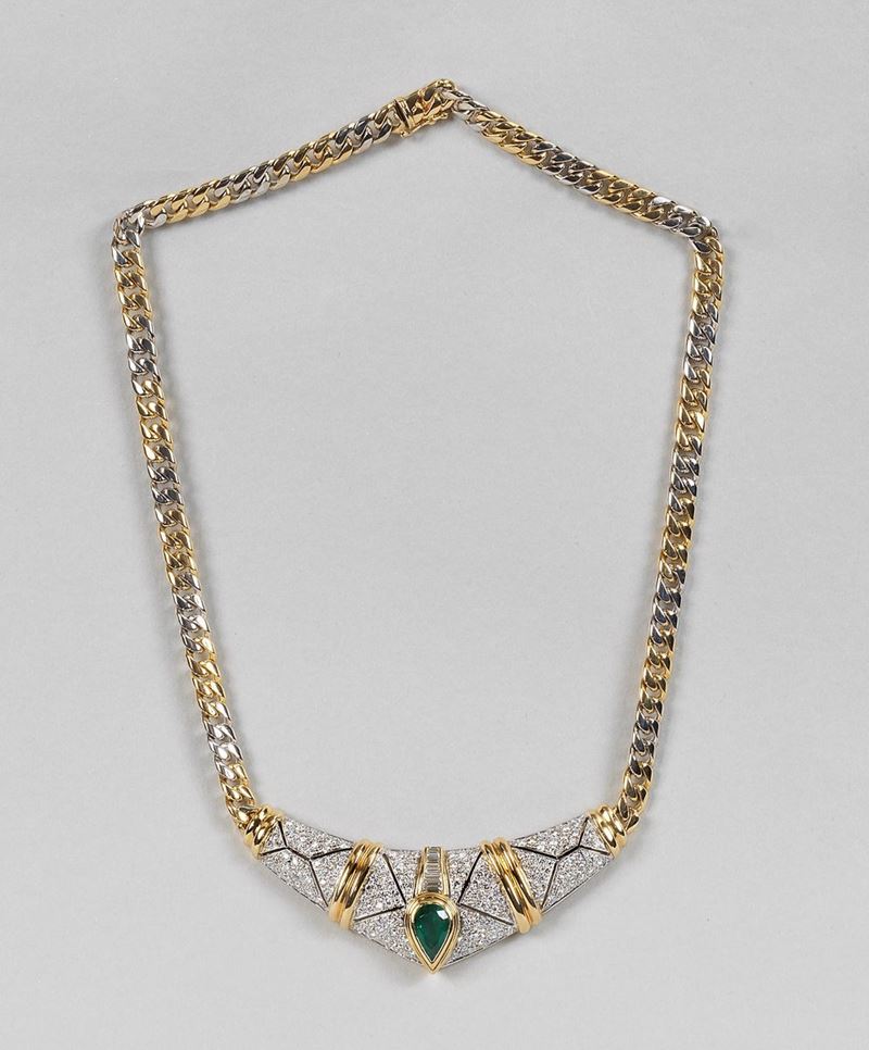 Collana girocollo a maglia grumetta in oro bianco e giallo 750 con sezione centrale incastonata c...