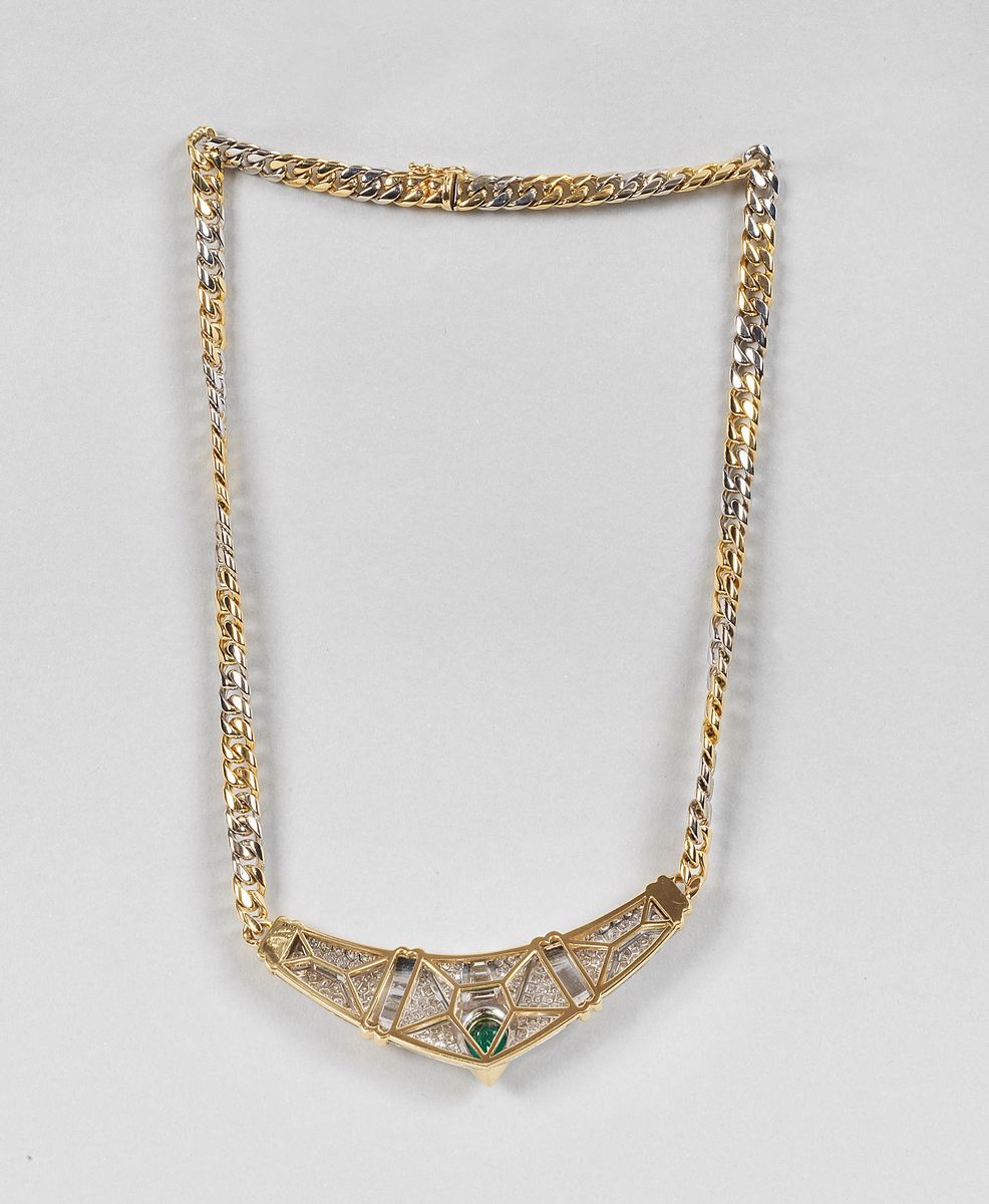 Collana girocollo a maglia grumetta in oro bianco e giallo 750 con sezione centrale incastonata c...