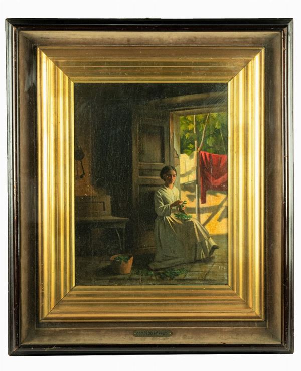 Pittore Toscano XIX Secolo - &quot;Girl at the kitchen door&quot;