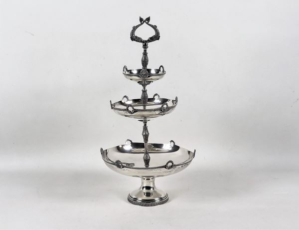 Three-tier silver stand embossed and chiseled with Empire motifs of laurel wreaths and dolphins gr. 1170