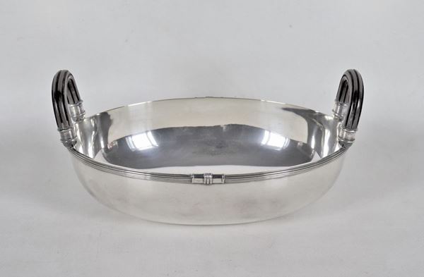 Oval basket in silver for dried fruit with two handles covered in wood gr. 750