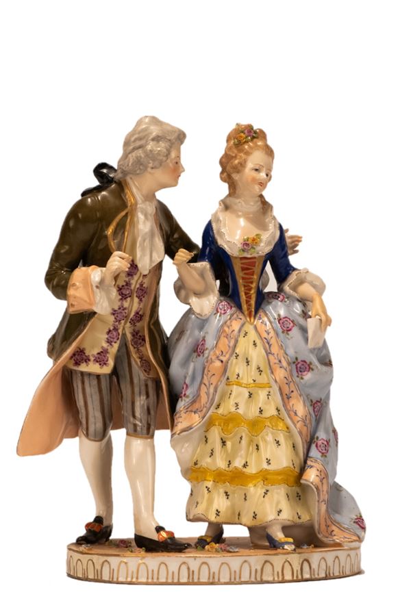 Polychrome porcelain group &quot;Lady and Knight&quot;
