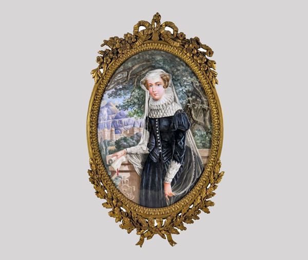 Antique oval plaque in painted enamel "Portrait of a noblewoman" in a gilt bronze frame, embossed and chiseled