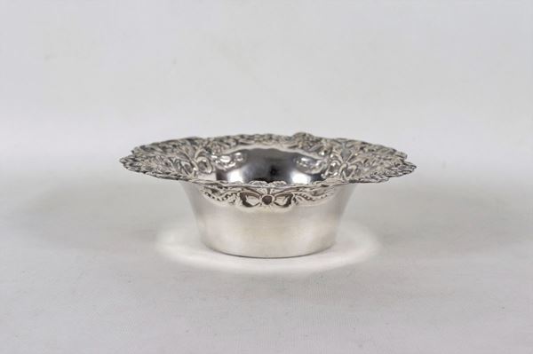 English sheffield bottle coaster with embossed and chiseled edge with flower motifs