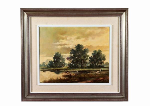 Raul Viglione - Signed. "Landscape in the Canavese area with river and peasant girl" oil painting on canvas