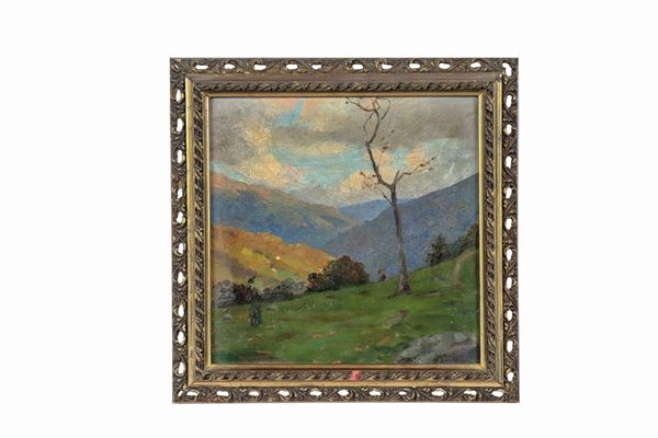 Pittore Emiliano Fine XIX Secolo - "Landscape of the Apennines with a peasant girl" small oil painting on cardboard