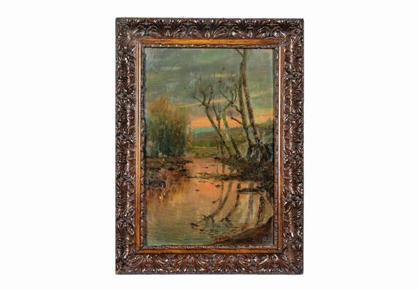 Scuola Italiana Inizio XX Secolo - "River landscape with trees" painted in oil on plywood