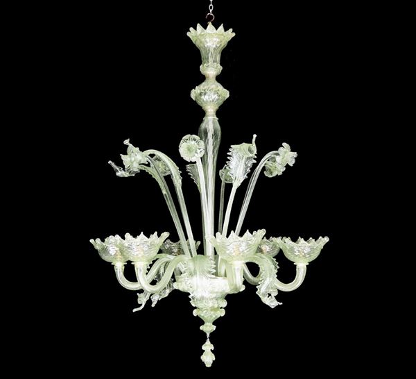 Light green Murano blown glass chandelier with flowers and leaves, 6 lights